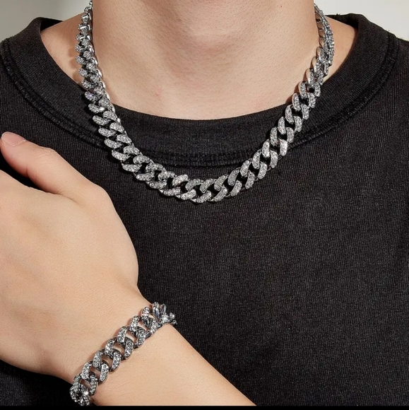 🎀SALE 🎀NEW Luxury Rhinestones Diamond Cuban Necklace+Bracelet Fashion Gift Set - Picture 1 of 6